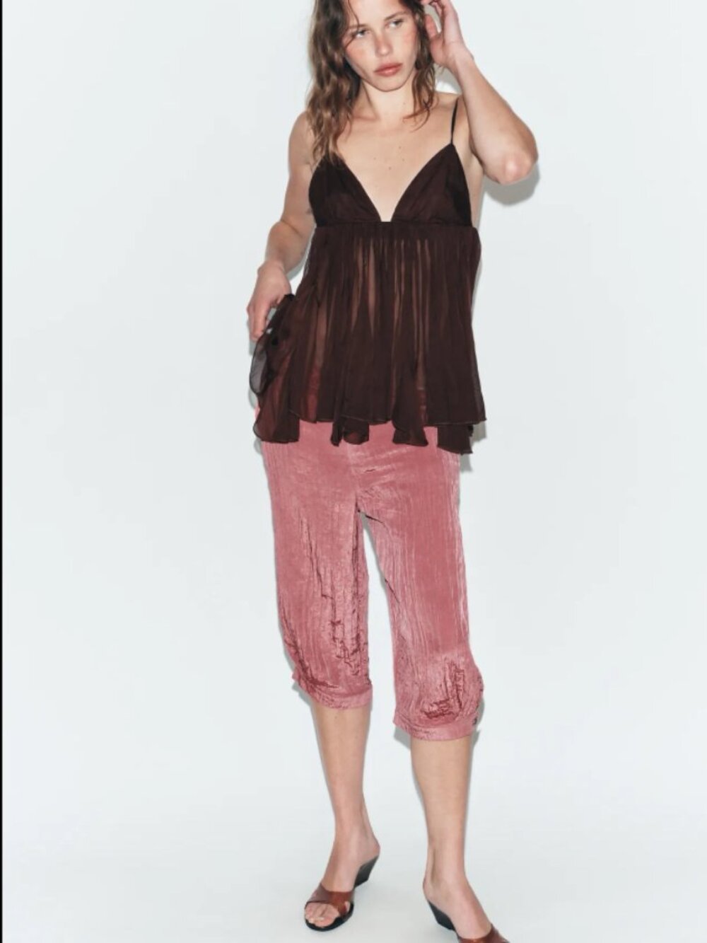 ZARA Brown Semi-Sheer Pleated Cami Top NWT Size M - Picture 3 of 15